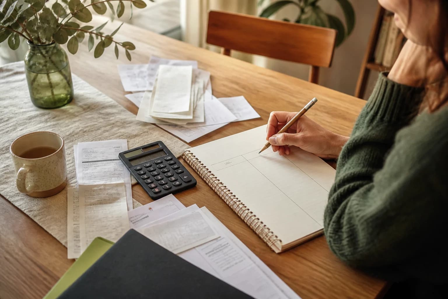 Mesa de hogar con tickets, facturas y una libreta preparados para revisar los gastos mensuales